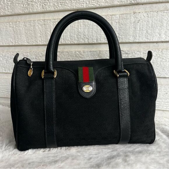 GUCCI Vintage Black Boston Sherry Line Shelby Speedy Monogram Gg Web Bag - Picture 1 of 14